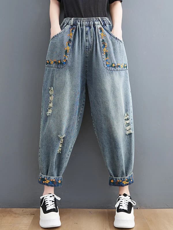 Pantaloni in denim estivi ricamati con strappi, taglie forti, casual, stile Harajuku, a nove punti, leggings larghi da donna, effetto ringiovanente