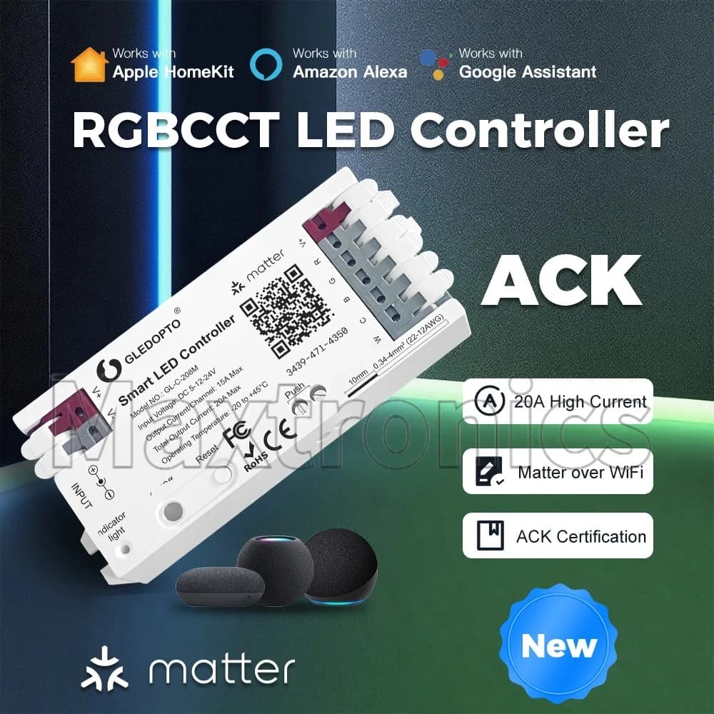 2026 ACK GLEDOPTO Matter Controller Wi-Fi da 2,4 GHz GL-C-208M Alexa APP Controllo vocale 20A Max per Dimmer Striscia LED RGB CCT bianca
