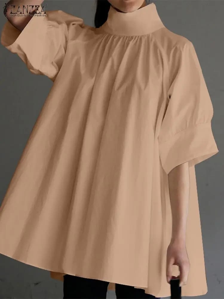ZANZEA donna collo alto mezza manica camicetta estate elegante top moda lavoro OL Casual camicia allentata festa femminile Blusas Chemise