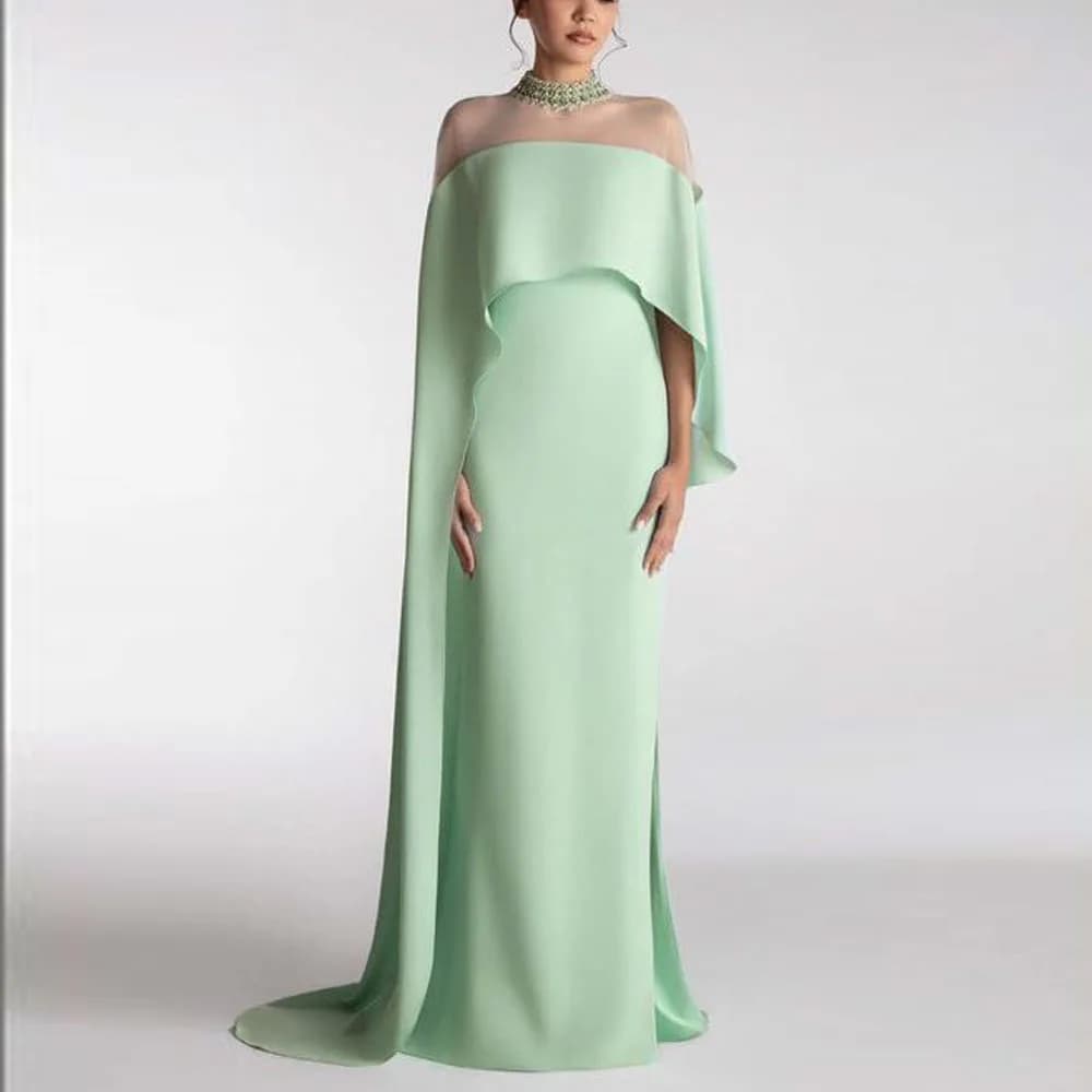 Abiti da sera verde menta personalizzati con mantella con collo in rilievo Abito formale in raso con involucro Elegante lungo Met Gala abiti da festa