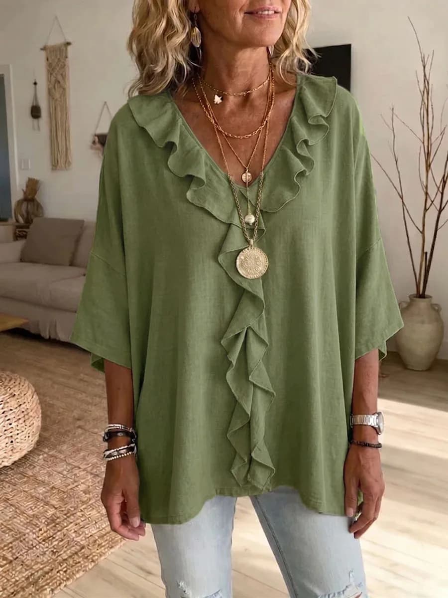 Spring/Summer New Women's Ruffle V-Neck Casual Three-Quarter Sleeve Top