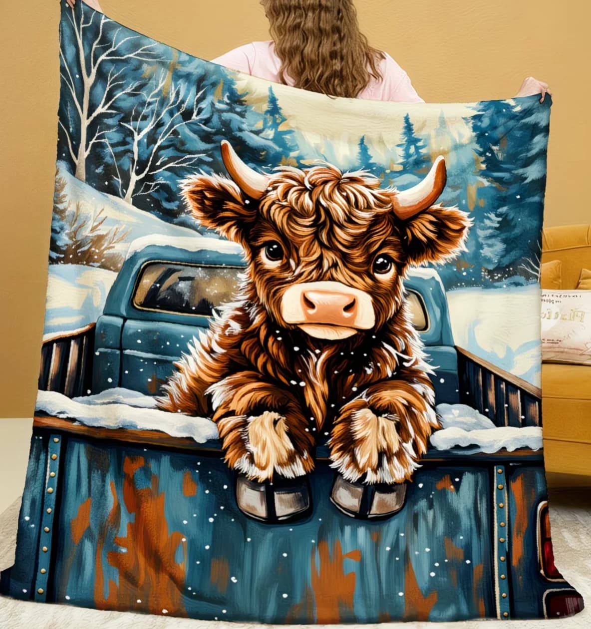Highland Cow Print Flannel Blanket 1pc Cozy Winter Snowy Cedar & Scottish Landscape Soft Warm Throw for Bed Sofa Car Camping