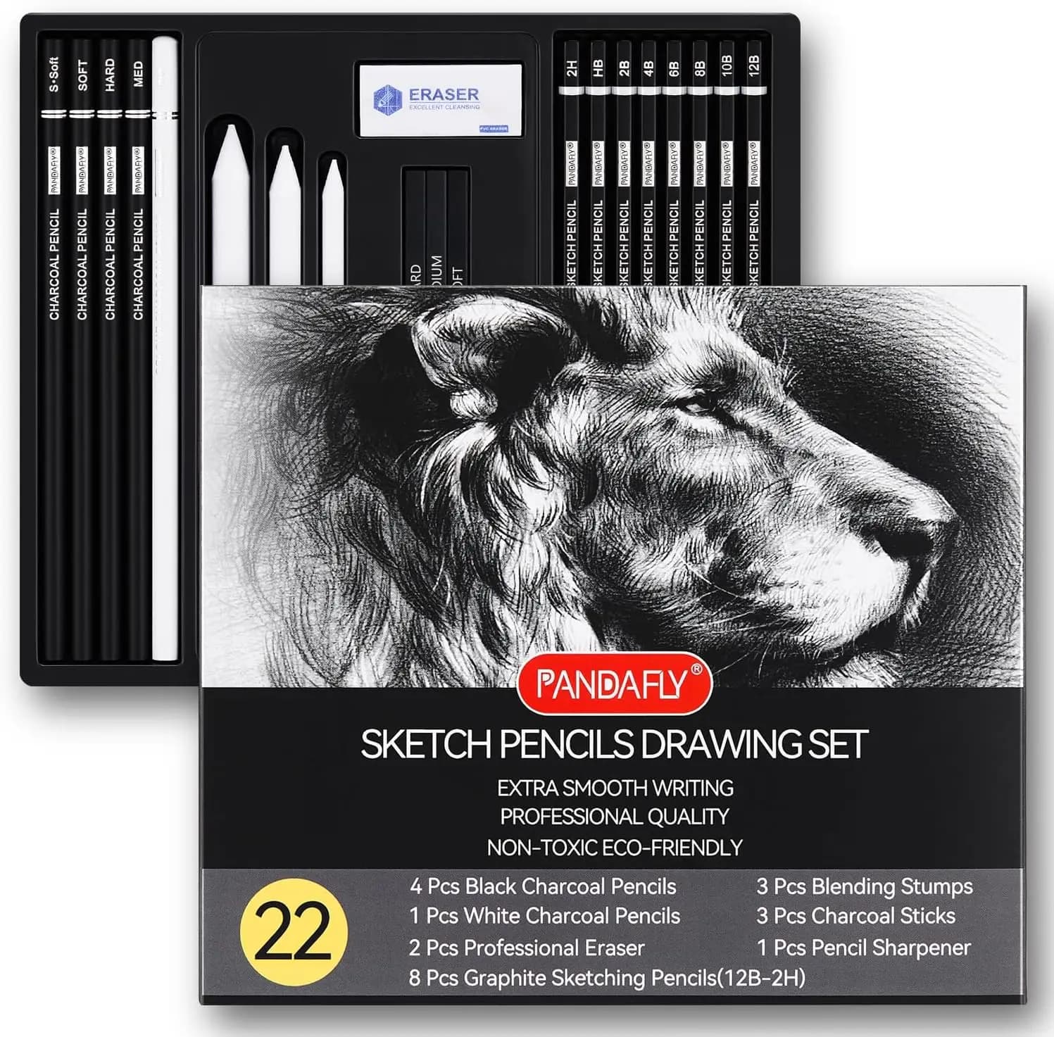 22-Piece Pro Art Pencil Set: Graphite, Charcoal, Blending Stumps & Erasers
