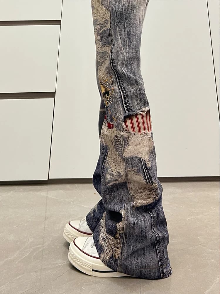 Men's Jeans Trendy Hip-Hop, American Style High Street, Design with Fake Holes, Straight Leg, Slightly Waxed, Youth Summer Fashion