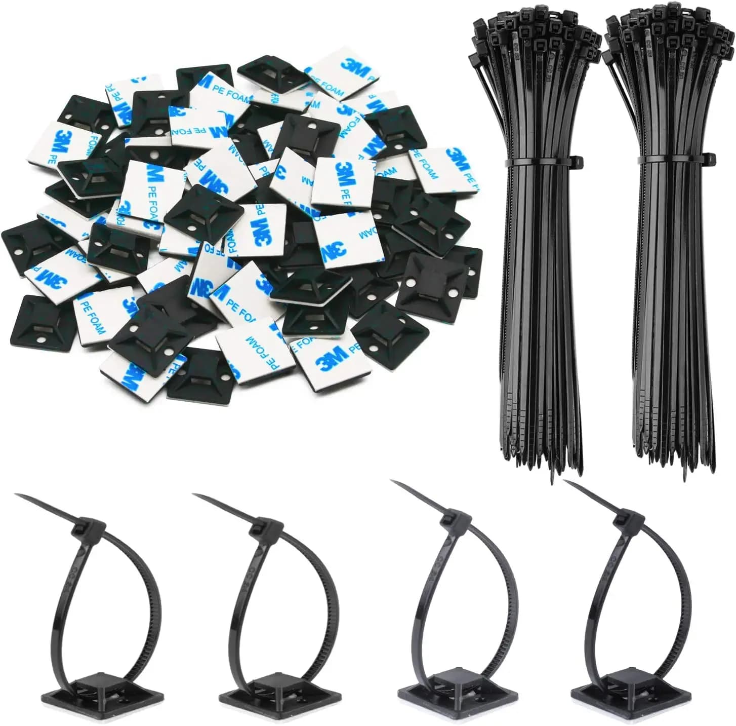 Fascette per cavi in nylon autobloccanti da 100 pezzi + plastica quadrata in nylon 3M Filo autoadesivo con cerniera fissa Supporto per fascette per cavi Base di montaggio