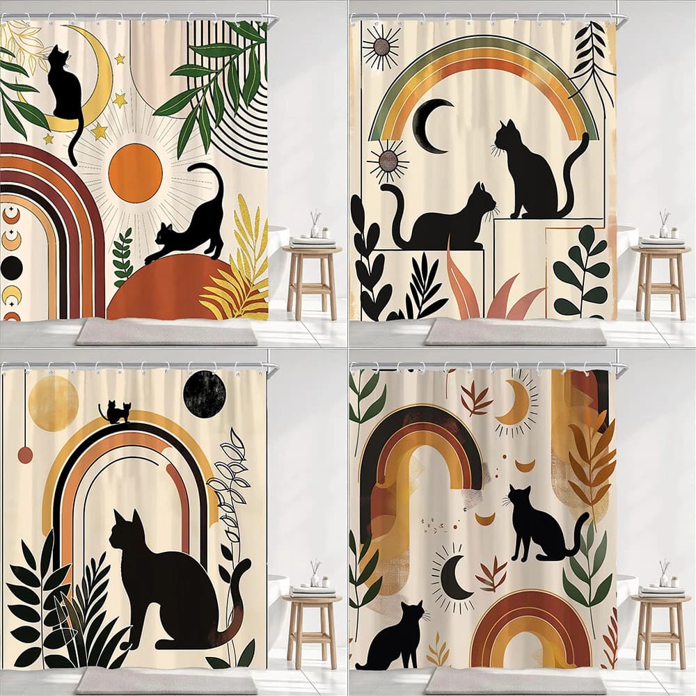 Shower curtain with Boho print abstract with black cat, moon, rainbow and leaves, waterproof, mold resistant, with plastic hooks, easy to install for B