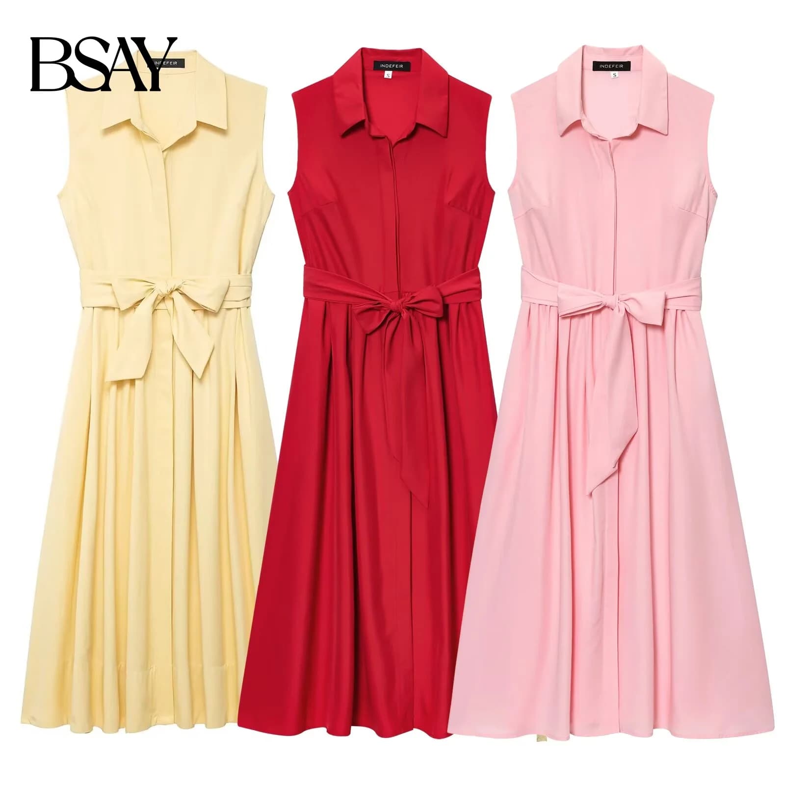 Shirt dress in popeline with belt with bow BSAY 2025 Summer new color Casual short sleeves elegant French chic evening