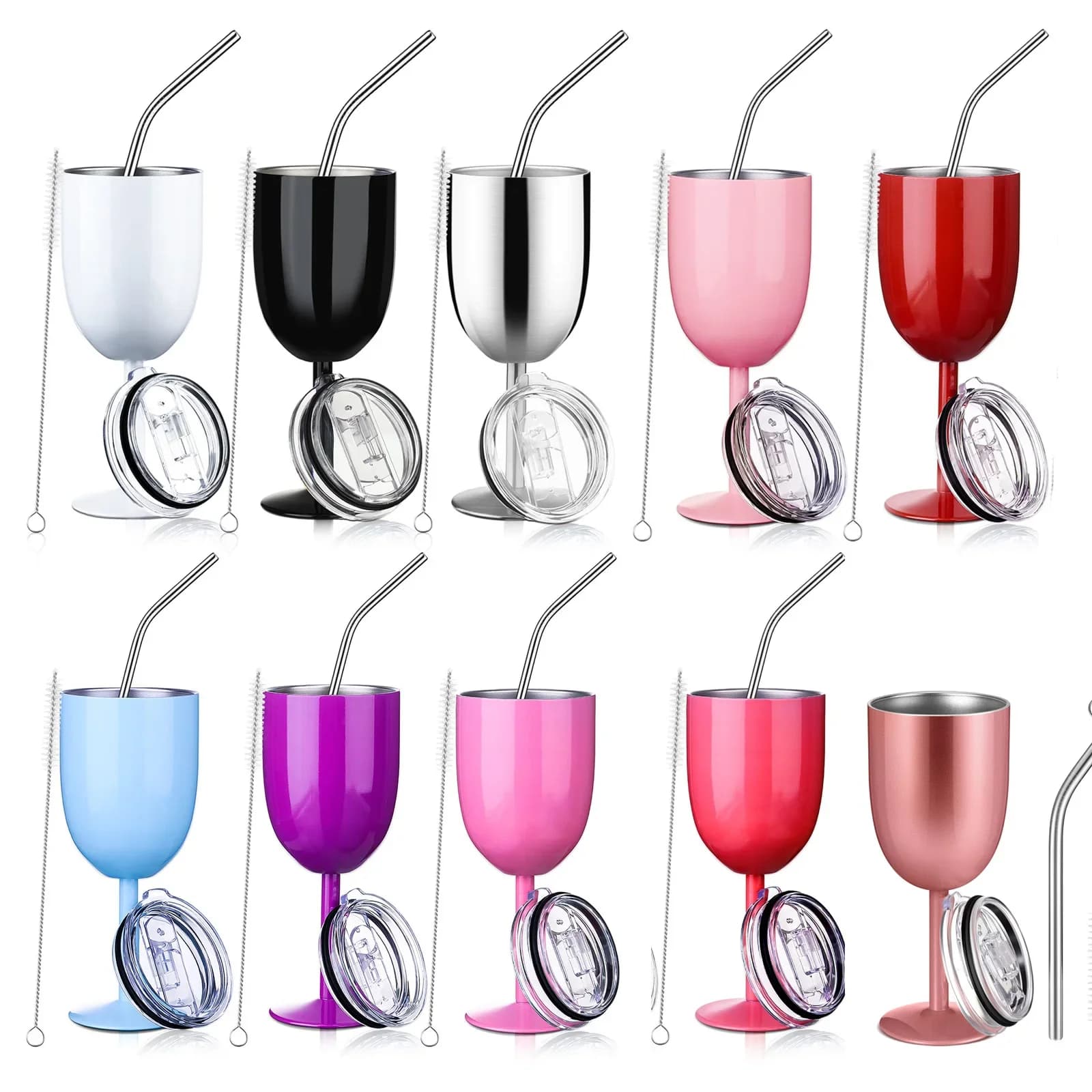 2PCS/4PCS 10oz Stemmed Stainless Steel Wine Glasses with Lid Double Wall Insulated Wine Tumbler Unbreakable Goblets Wine Glasses