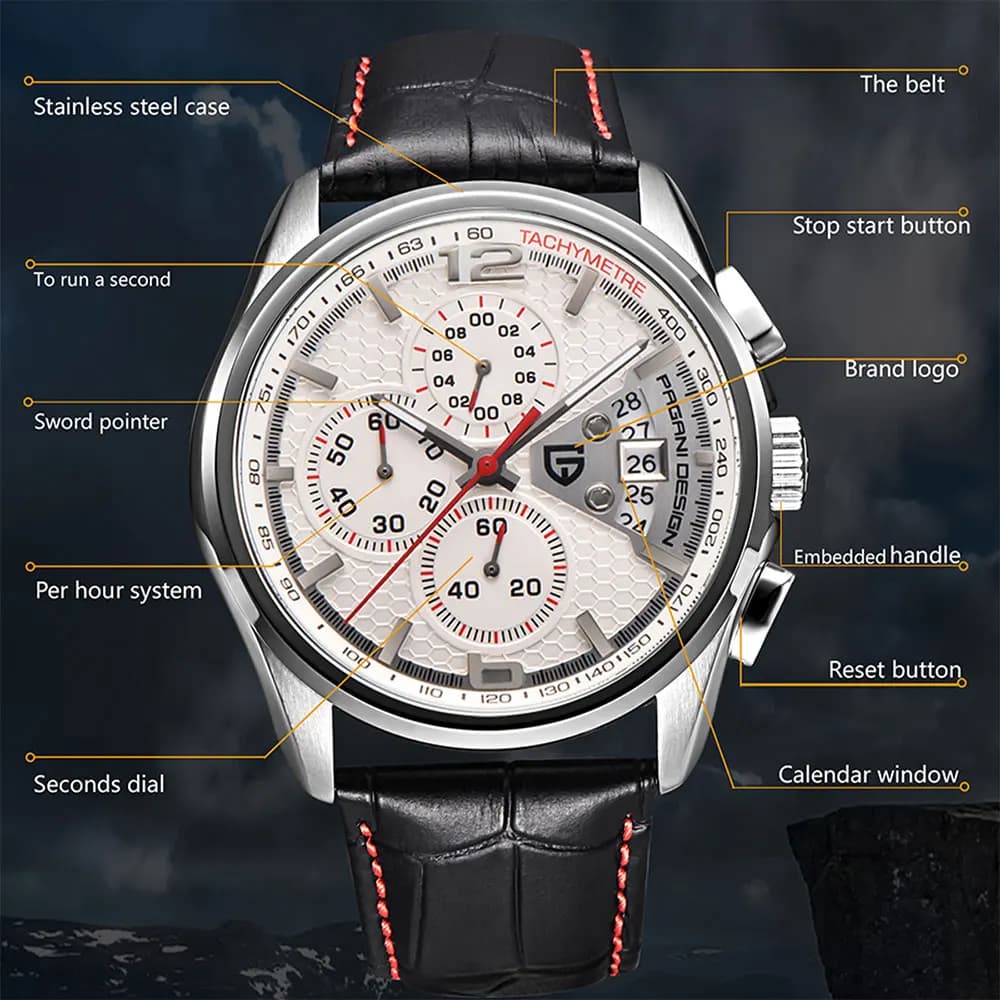 PAGANI DESIGN New PD-3306 Men's Watch Chronograph, Brand of High Range, Classic Leather, Waterproof, Quartz, Gift for Man, Reloj Hombre