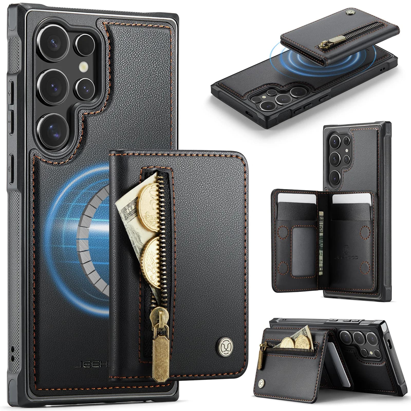Applicable for Galaxy S25 phone case, S26 Ultra card holder, artificial leather bag S24 zipper wallet, anti-drop protection case