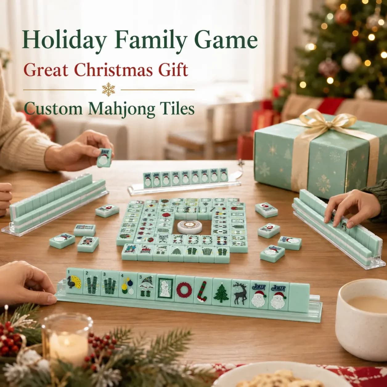 Original Christmas Theme Acrylic American Mahjong Set 160Pcs Light‑Green Mahjong Tiles Holiday Family Board Game Christmas Gift
