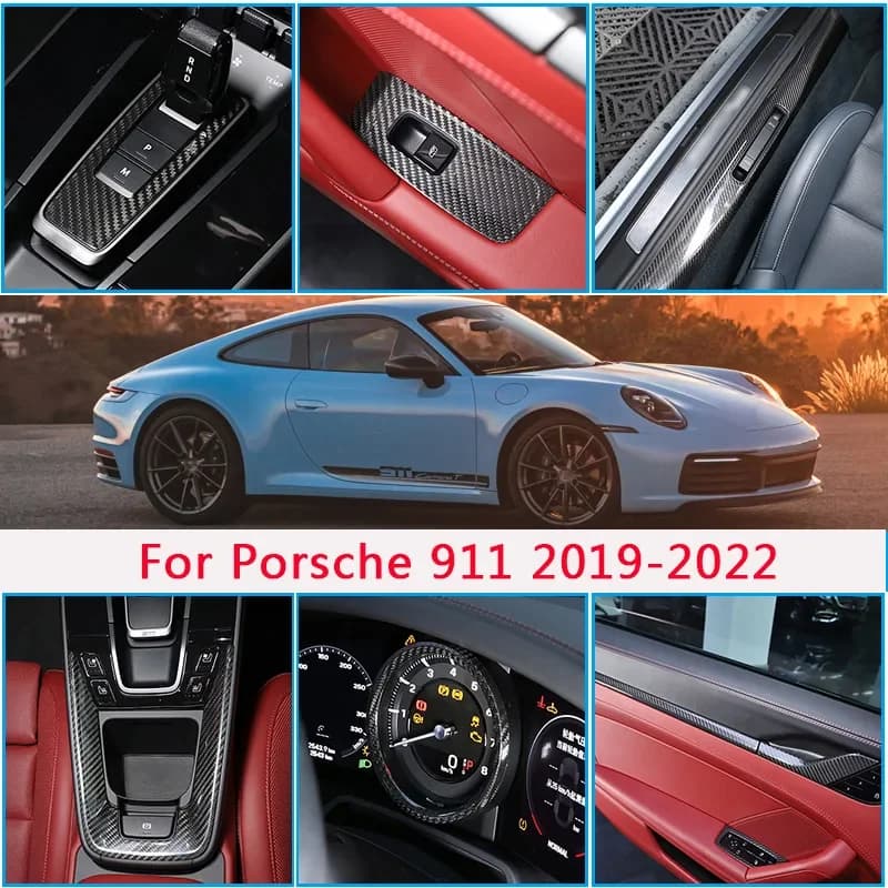For Porsche 911 992 2019-2022 Real Carbon Fiber Internal Control Door Gear Front Cover Panel Trim Stickers Accessories