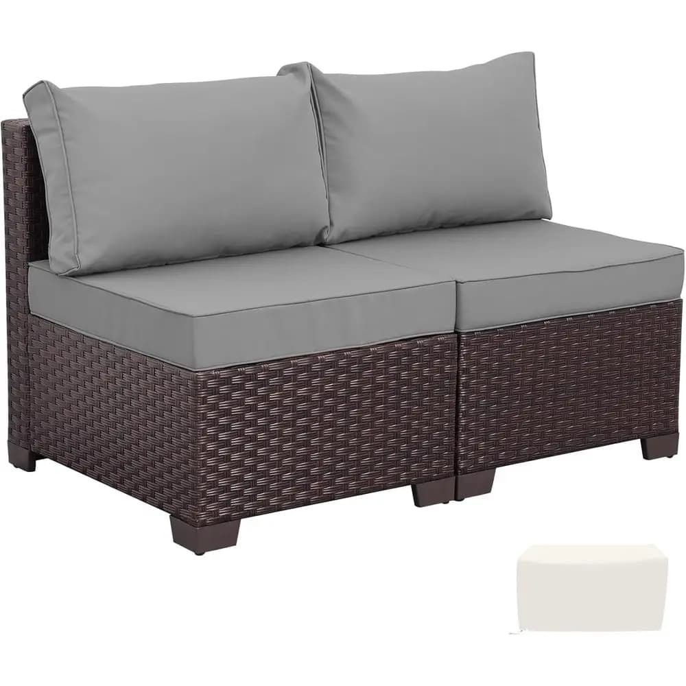 2-Piece Outdoor Resin Wicker Chair Set with Brown Rattan Deep Seating Sofa and Grey Cushions