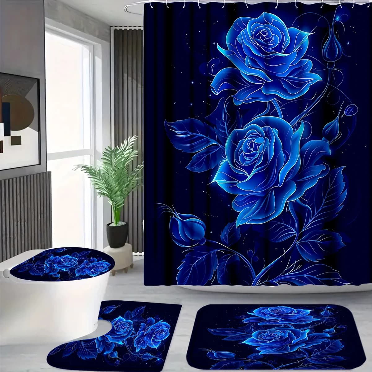 Set di 4 tende da doccia con rose blu luminose e ganci, stampa floreale neon notte stellata, tappetino da bagno in tessuto impermeabile resistente alla muffa per l'arredamento del bagno di famiglia