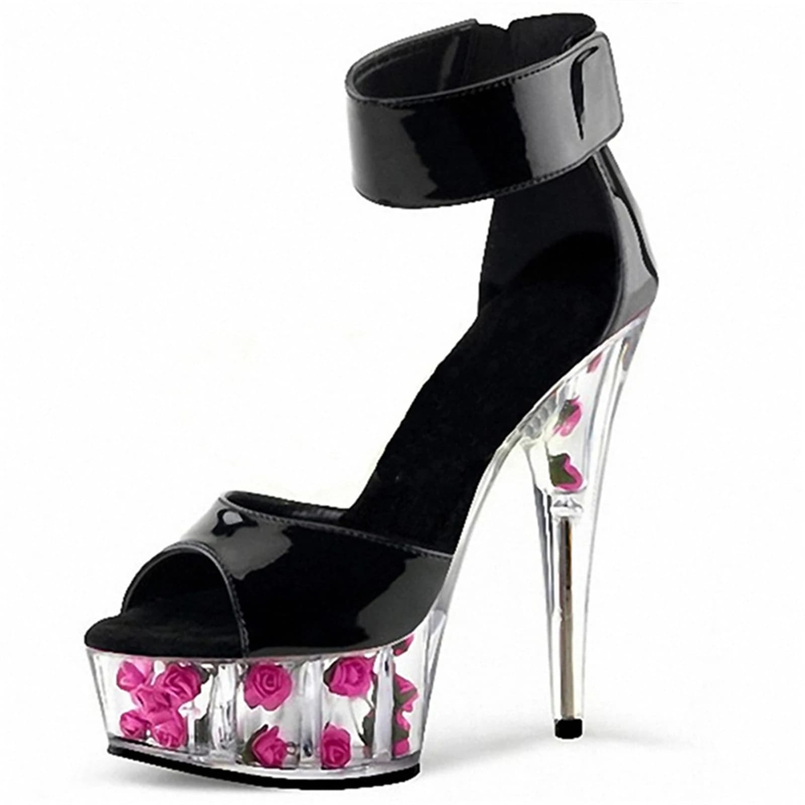 Neo Gothic Heels 15cm - Black Patent Sandals w/ Floral Transparent Heel & Wide Ankle Strap Party Shoes