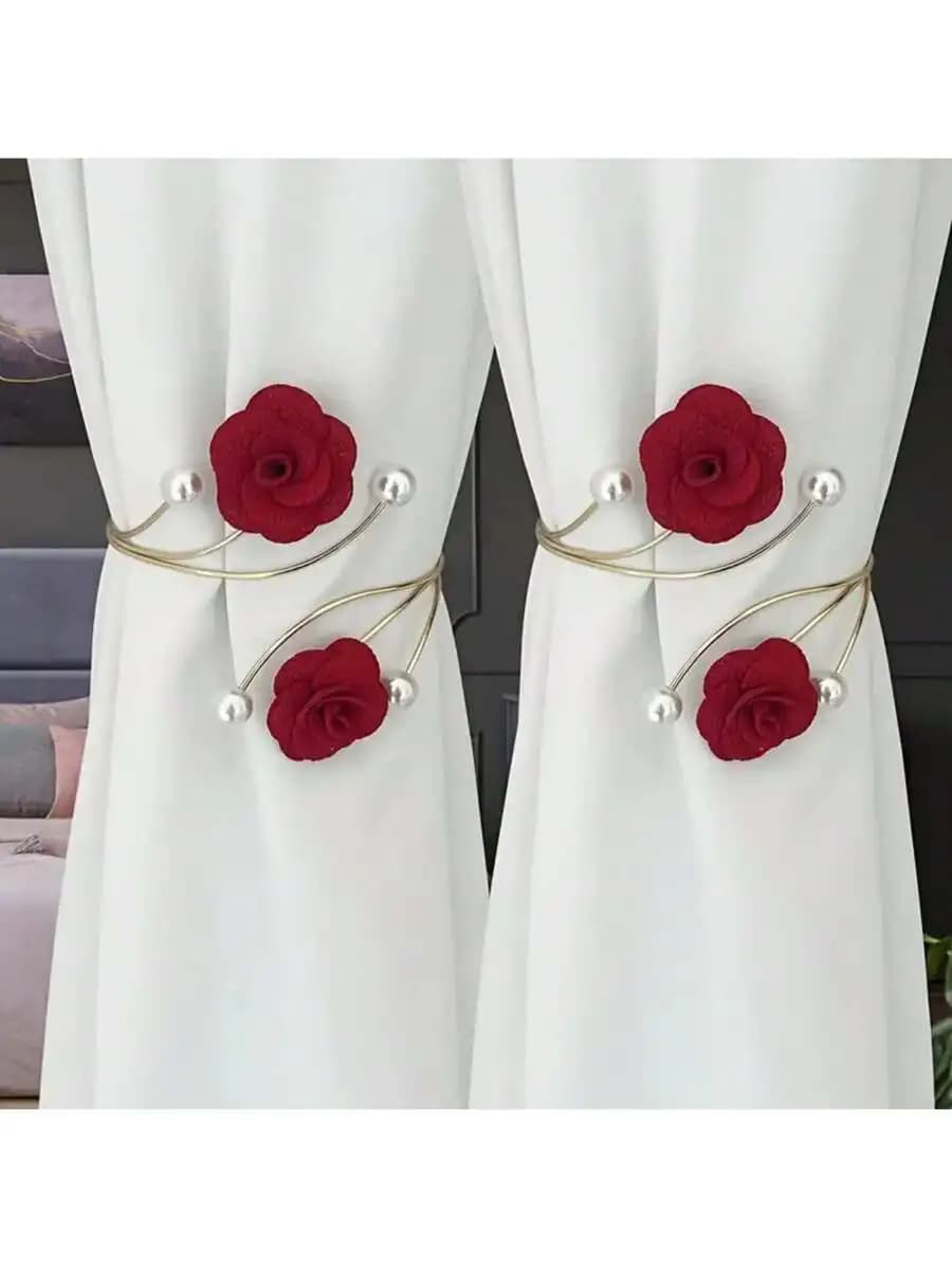 2pcs/1pc Pearl Flower Alloy High-End Curtain Buckle, No-Drill Curtain Tie Backs, Rose Flower Curtain Tie Bands, Metal &
