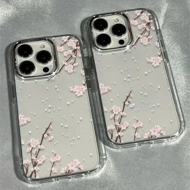 Custodia Morbida Trendy Invernale con Cornice a Fiori di Ciliegio per iPhone 17 17Air 16 15 14 13 12 11 Pro Max 16 Plus - Cover Semplice