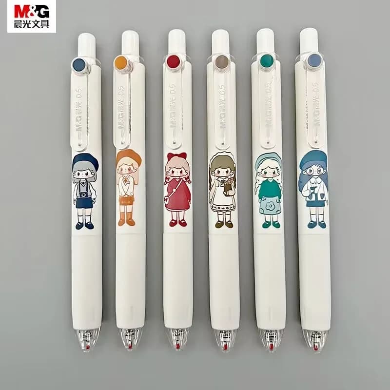 6 pz/set M & G Cute Little Girl Colorful Push Neutral Pen Retro Colorful 0.5mm Gel Pen Cheap Kawaii Stationery School Supplies