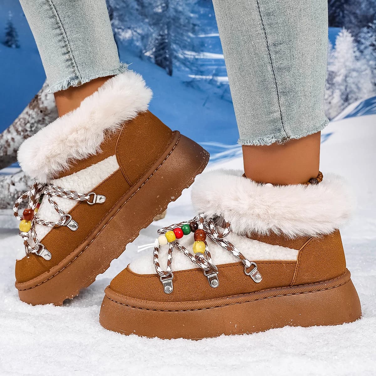 Stivali da neve da donna autunno inverno addensati scarpe da donna calde sopra il ginocchio di media lunghezza 2025 nuovi stivali da neve con lacci incrociati con suola spessa
