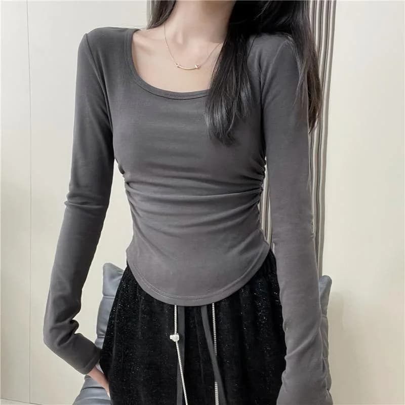 Warm Long Sleeve U-Neck Base Shirt Women's Slim Fit T-Shirt Spring Autumn Irregular Pleated High-End Feelings Top