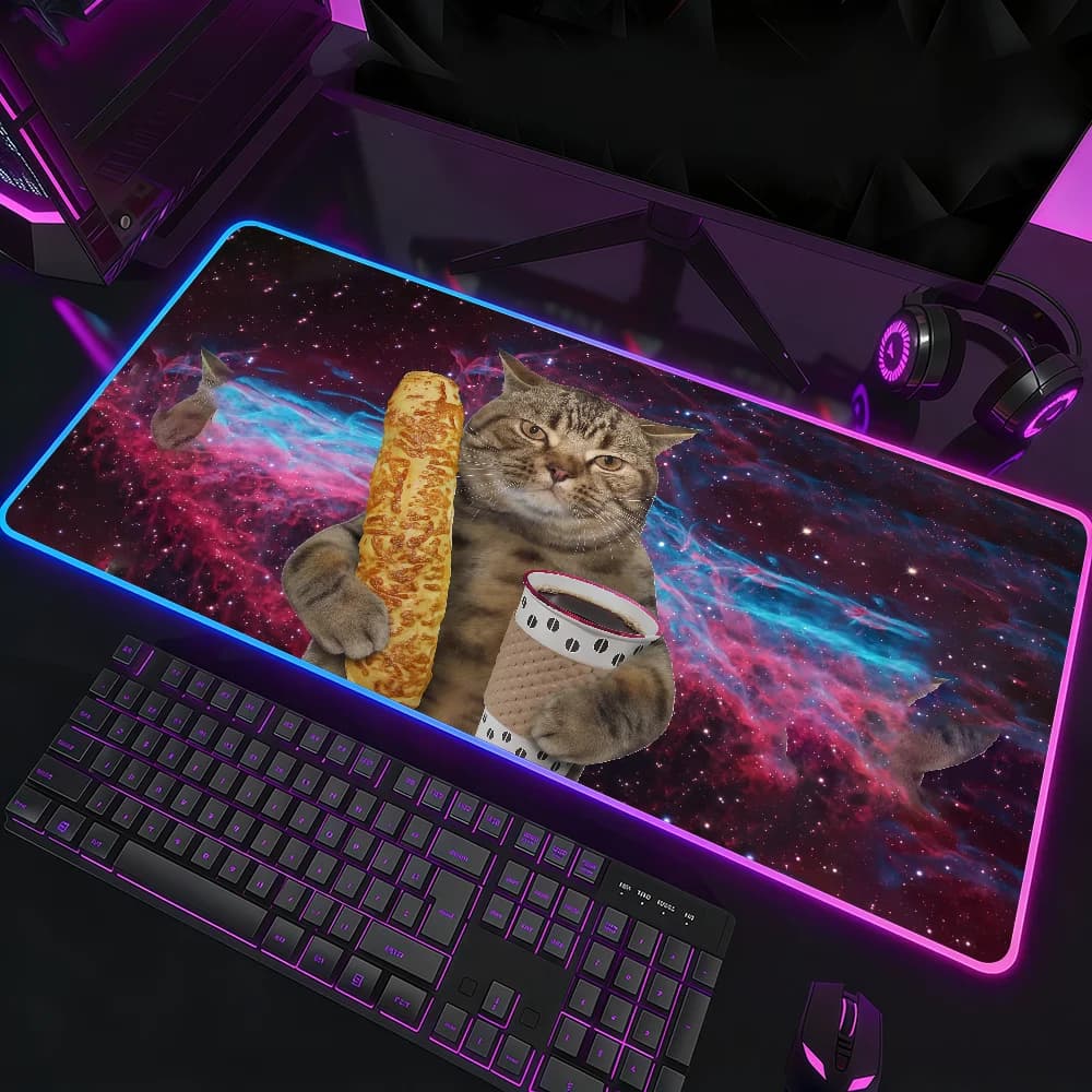 Tappetino per mouse Cat Meme impermeabile con luce LED RGB, tastiera da gioco colorata, superficie antiscivolo per tappetino da scrivania