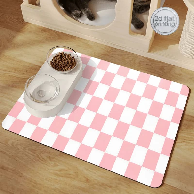 Tappetino per Cibo per Cani e Gatti ad Assorbimento Rapido con Motivo a Scacchiera Bianco | Tappetino Antiscivolo per l'Alimentazione degli Animali Domestici