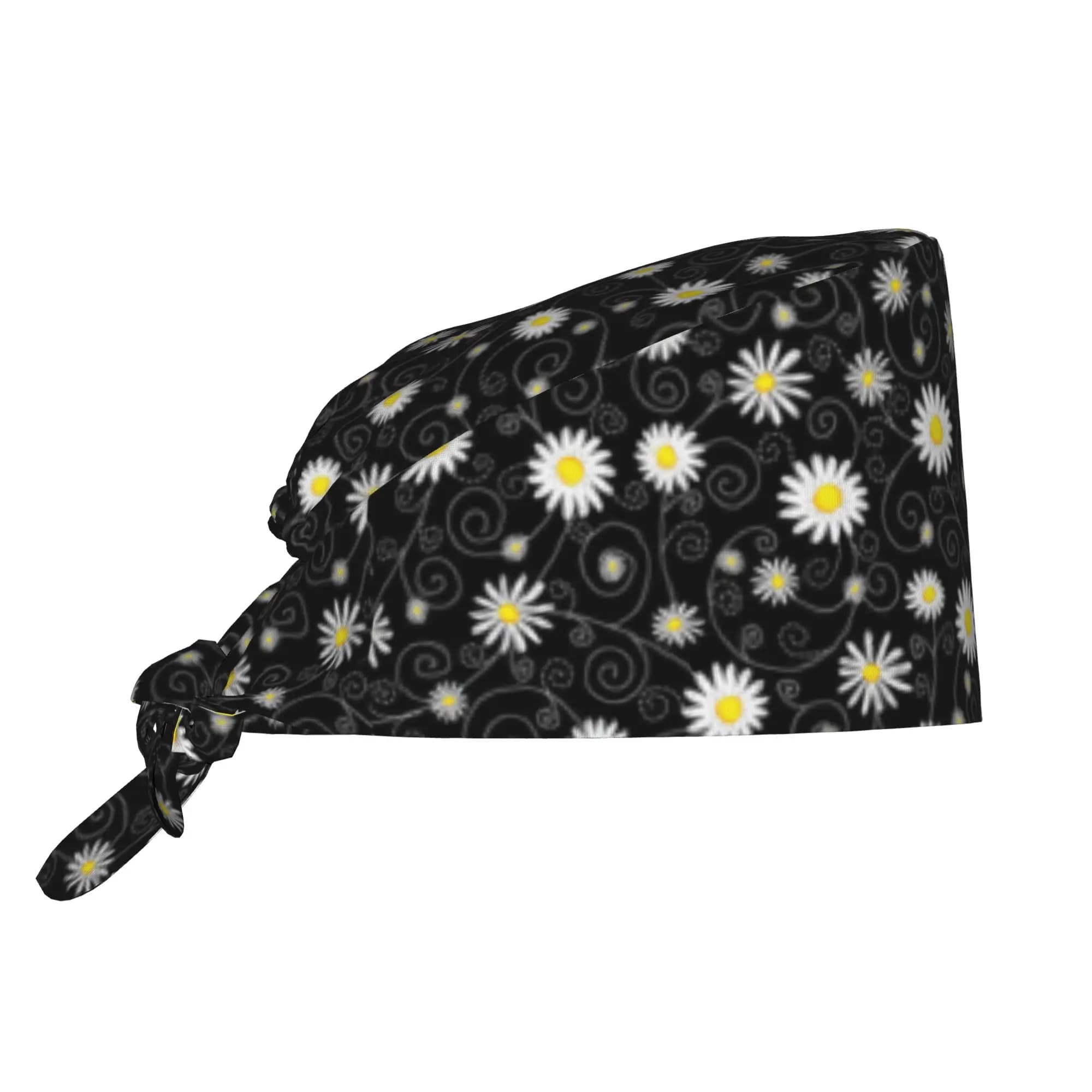 Black Daisy Flower Breathable Scrub Hat Surgical Scrub Caps Nurse Medical Cap Daisies Floral Work Scrubs Hat for Hospital