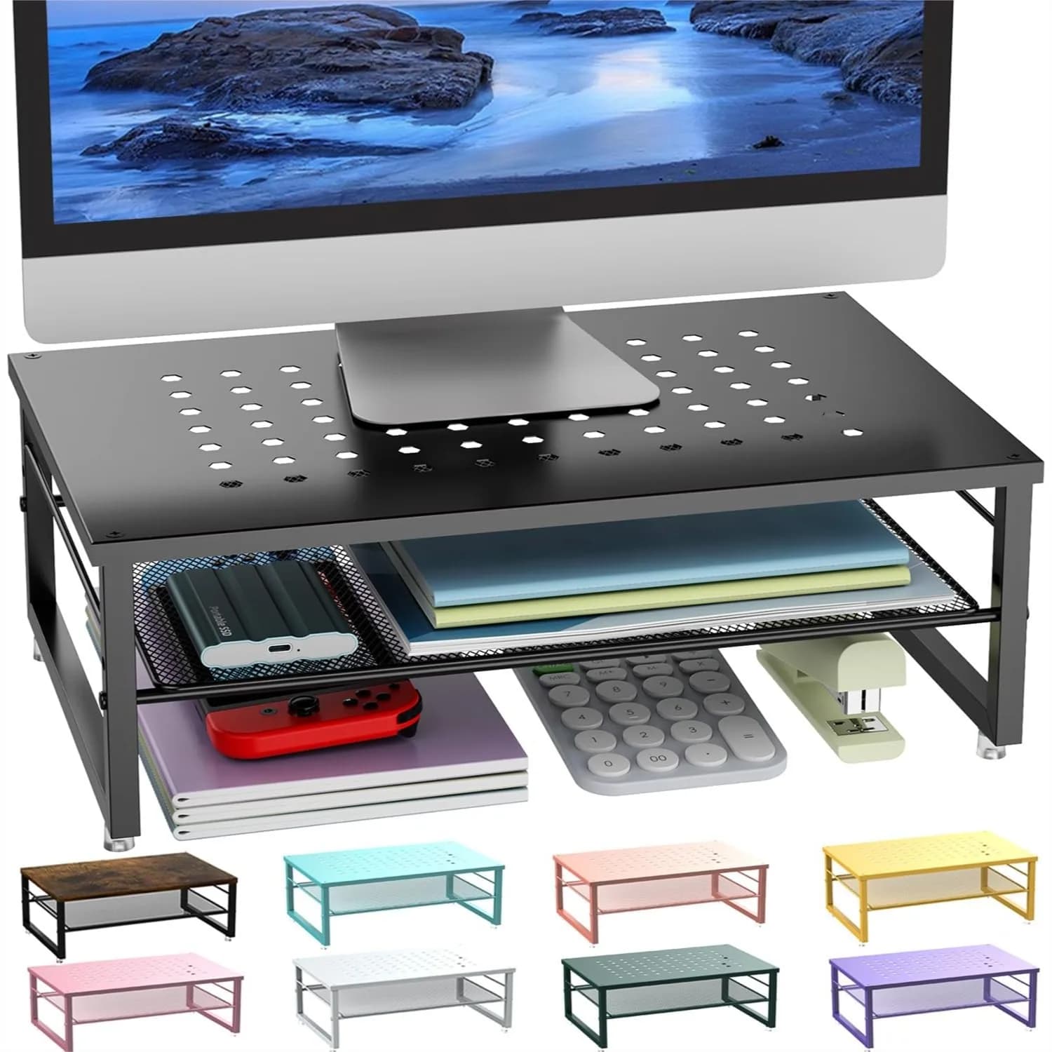 Organizzatore da Scrivania con Supporto per Monitor a 2 Livelli in Metallo, Rialzo Ventilato per Computer, Supporto Ergonomico per Laptop