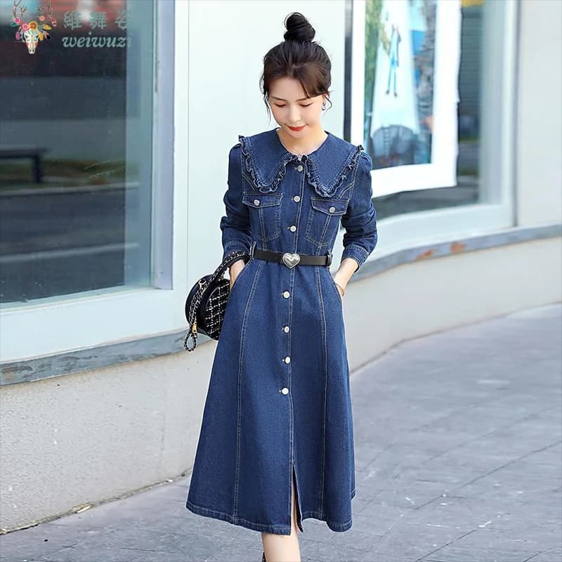 Elegant Women's Denim Dress Spring 2026 New French Style with Peter Pan Heart and Belt Slim Dress in Women's Fashion Casual Jeans