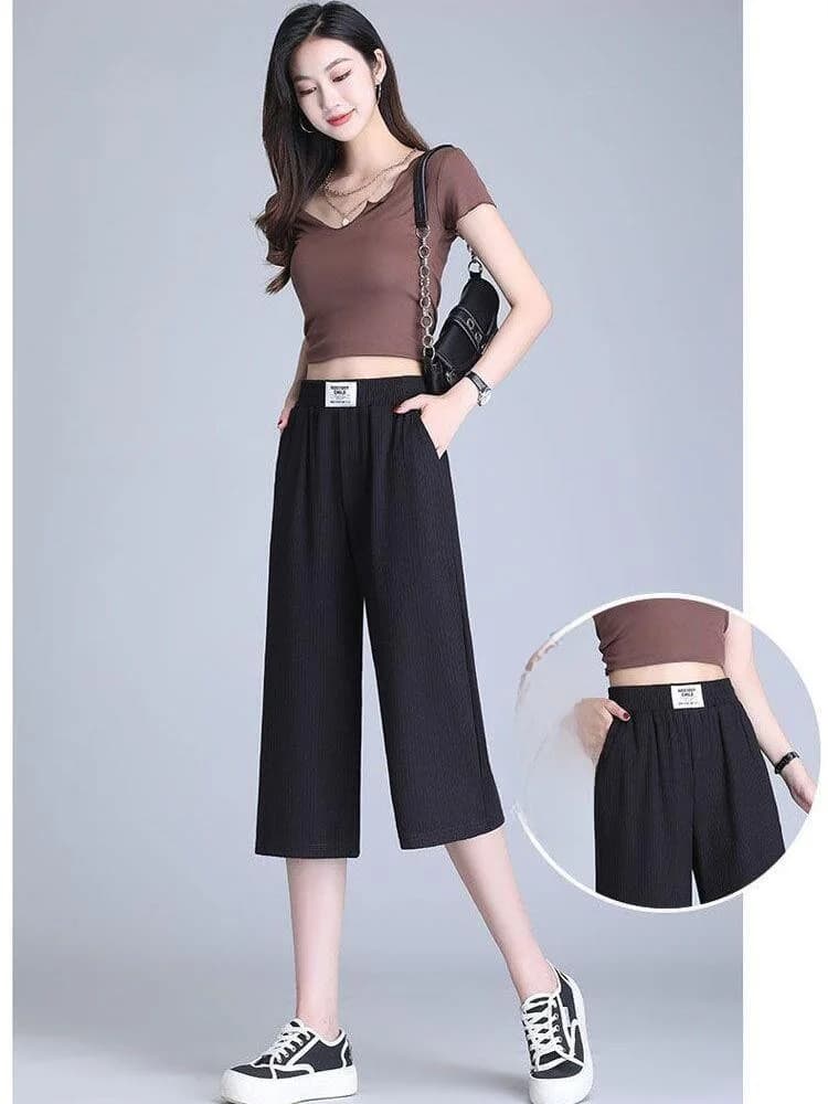 Pantaloni Larghi in Seta Ghiaccio a Tre Quarti per Donna, Estivi, Sottili, Taglie Forti, Snellenti, a Gamba Dritta, Casual e Comodi...
