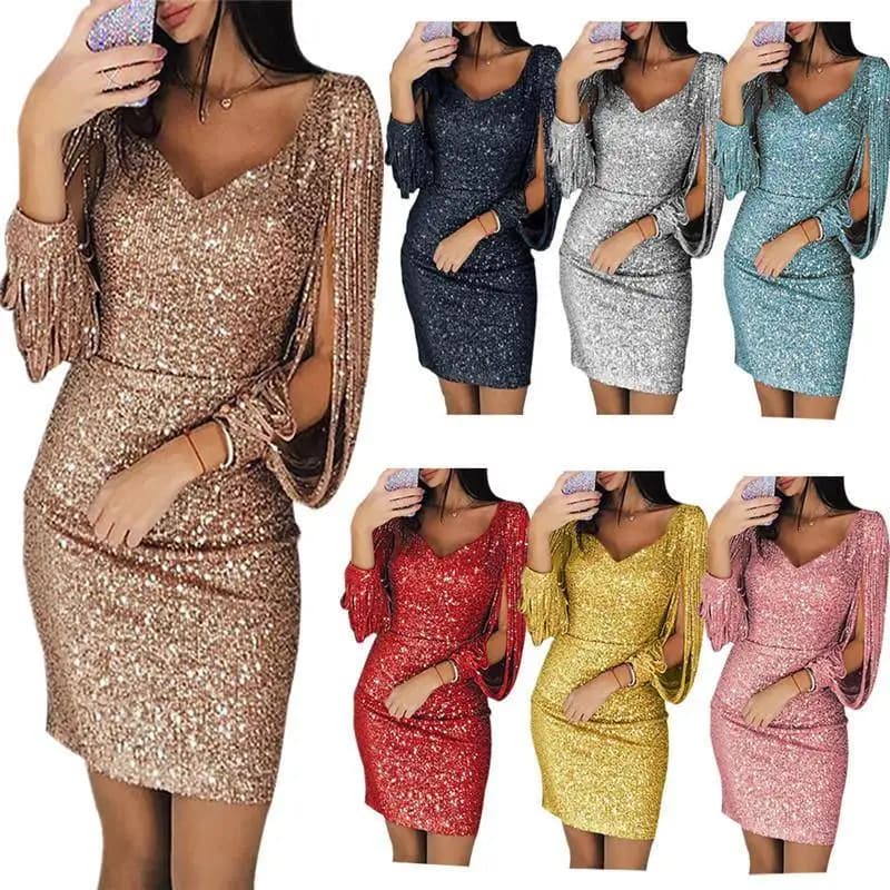 Sexy Fringed Wrap Bodycon Dress for Women Club Party Evening Gown mid Waist a Line Skirt Long Sleeve V Neck Slim Fit Style