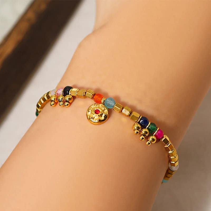 PAPERPLUS Gold Color Stainless Steel Bracelet for Women with Natural Stone Charms 21cm European American Retro Style Jewelry
