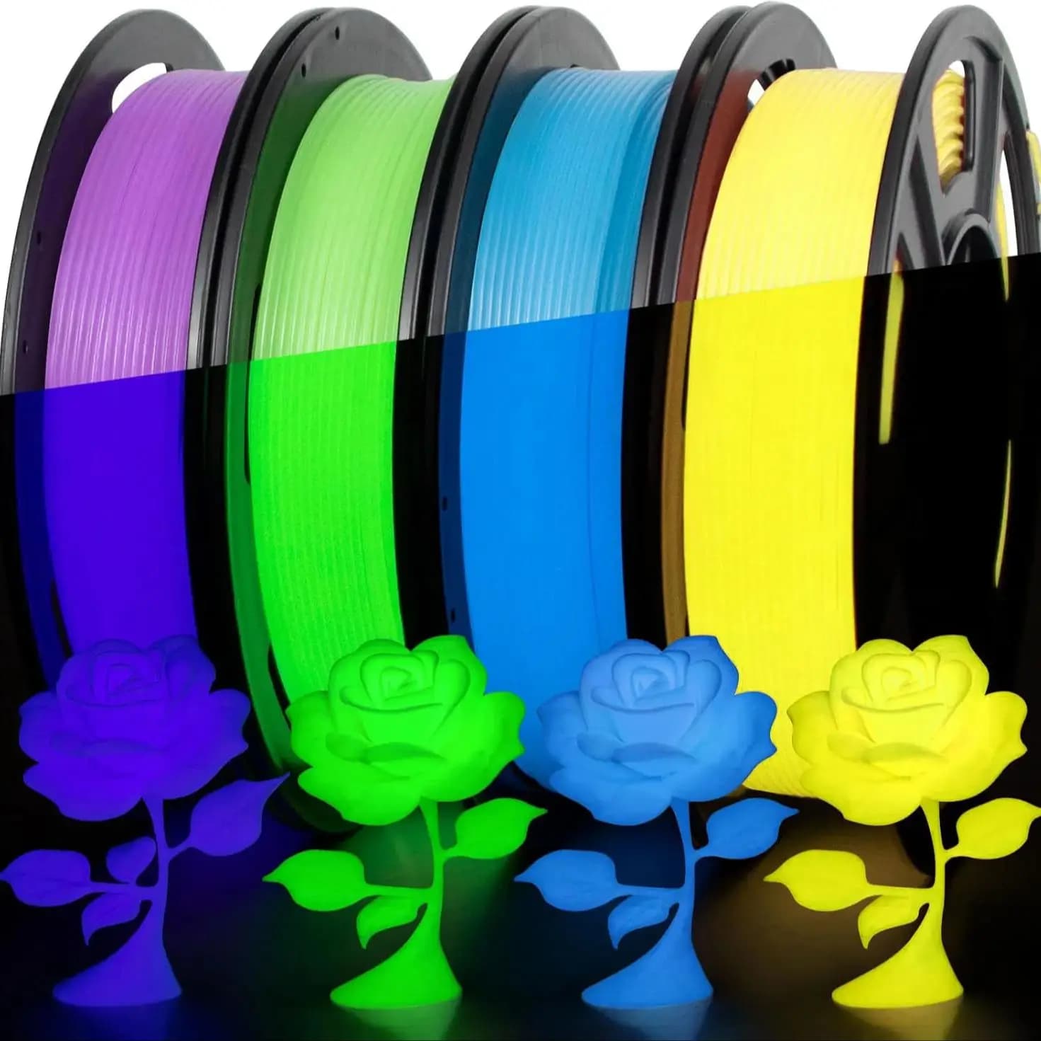 Glow in The Dark TPU 3D Printer Filament Bundle, 1.75mm 95A TPU, Blue,Green,Yellow,Purple 250g*4 Pack.