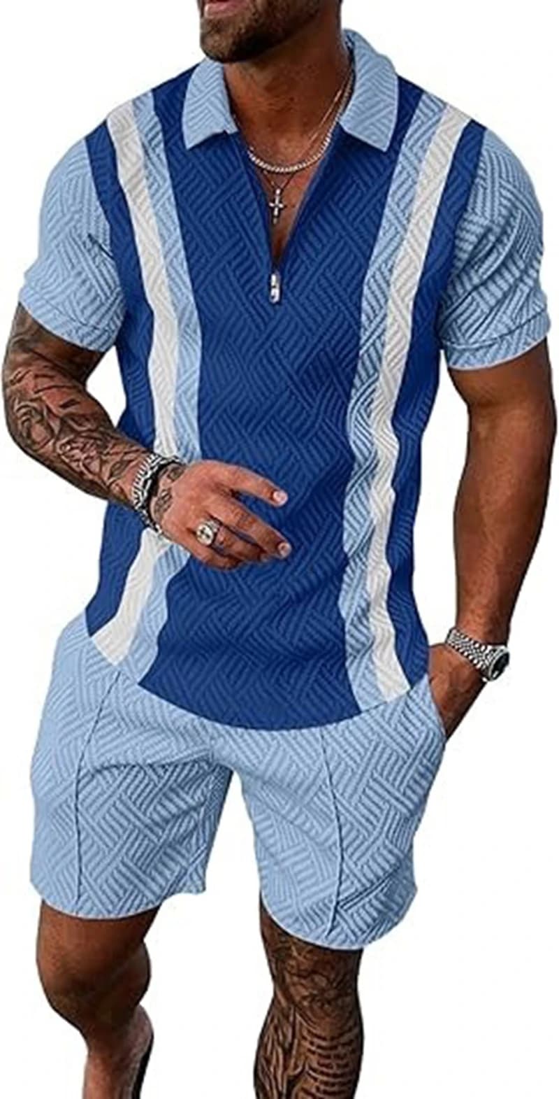 Men's Casual Stripe Print 2Pcs Set Short-Sleeve Lapel Top And Shorts Contrast Color-Block Breathable Fabric Fit Casual Attire