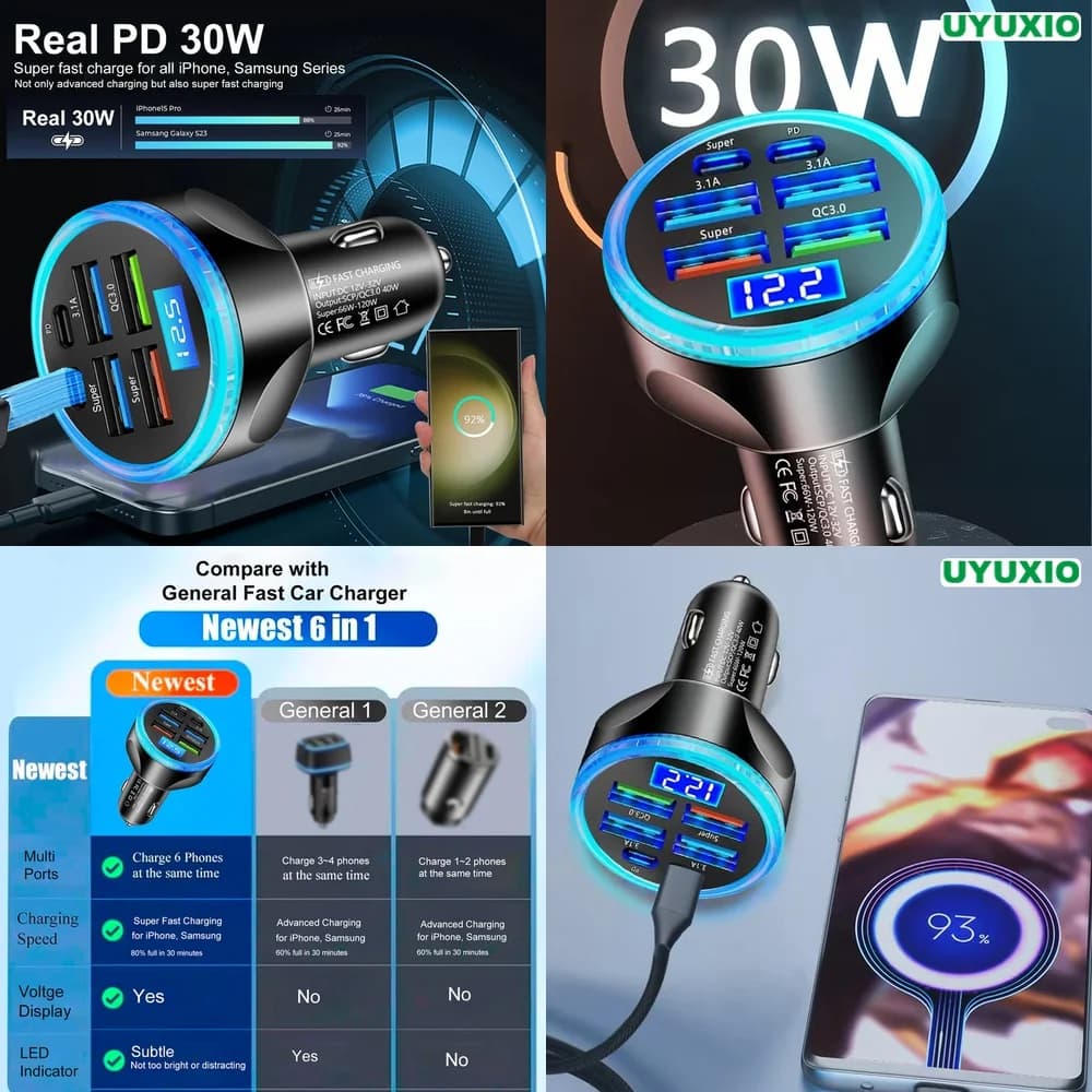 Fast Charging Car Charger Plug 6 Ports Super Fast Smart IC Chip PD 30W for iPhone 17 16 15 14 Pro Max Plus LED Digital Display