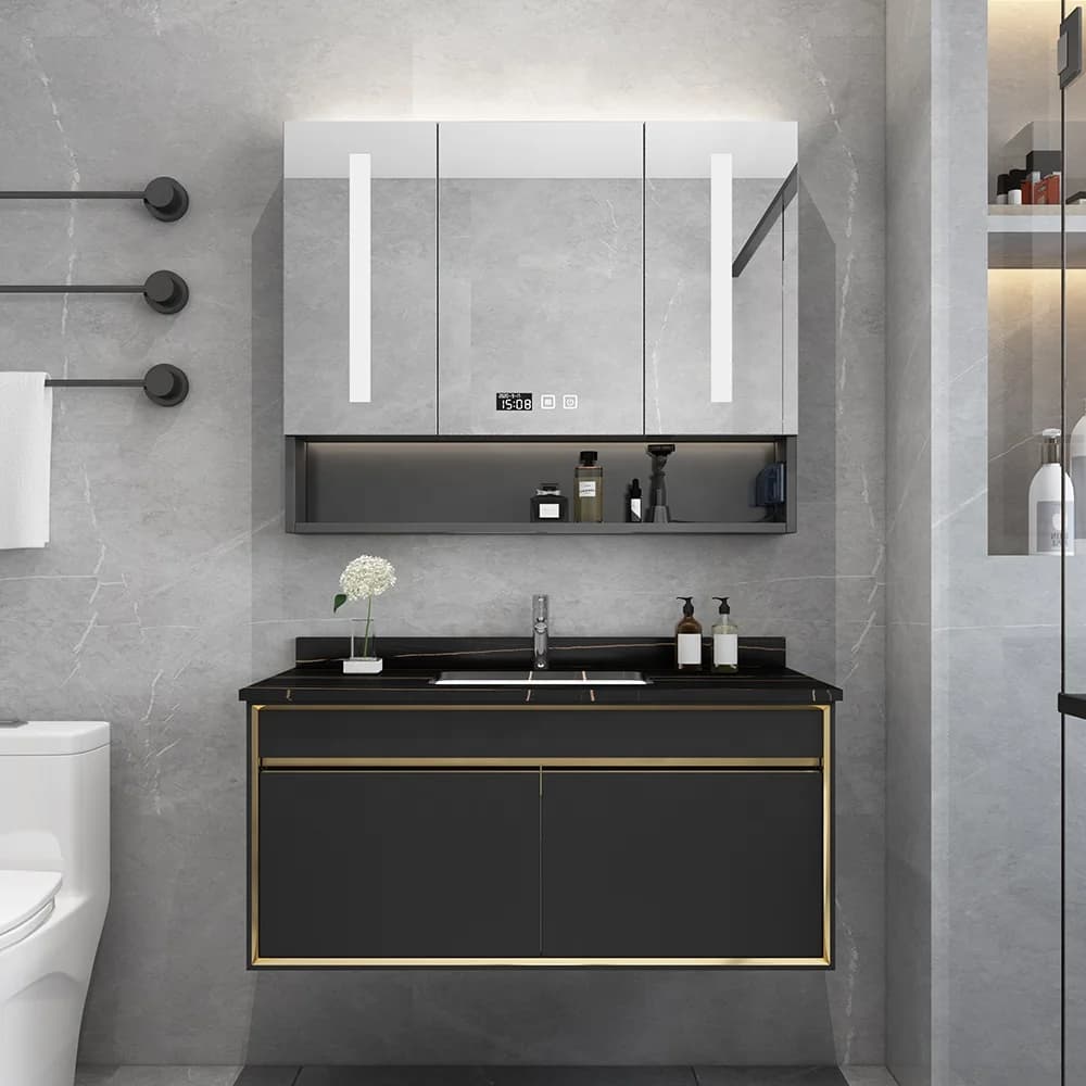 Mobili per Bagno e Soggiorno, Mobile Lavabo in Acciaio Inox, Armadietto Portamedicinali, Armadietto con Specchio