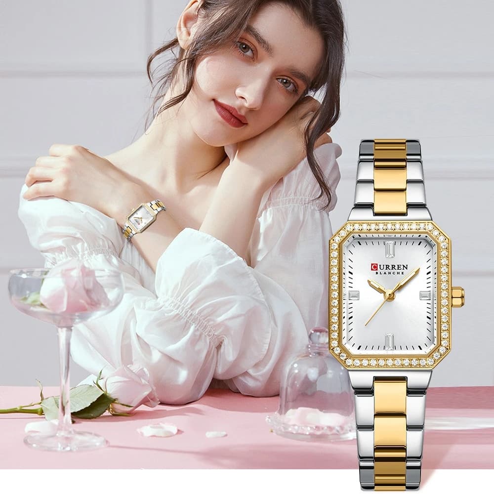 Curren 9102 Small quartz square watch with luxury steel strip with inlaid diamonds Waterproof light watches for women Reloj Hombre