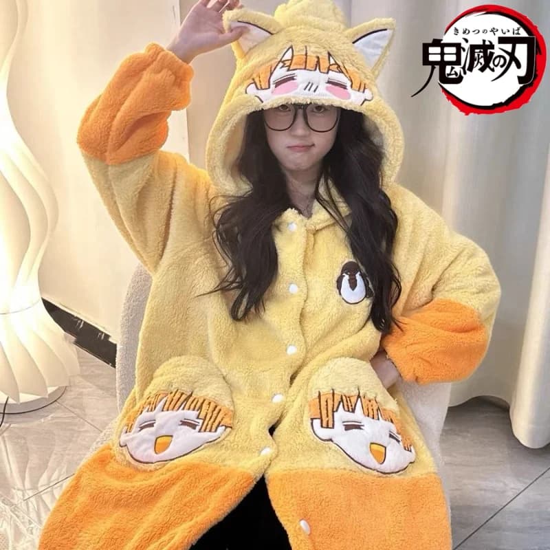 Anime Demon Slayer Agatsuma Zenitsu cute cartoon creative pattern thickened warm loose comfortable set robe in coral fleece