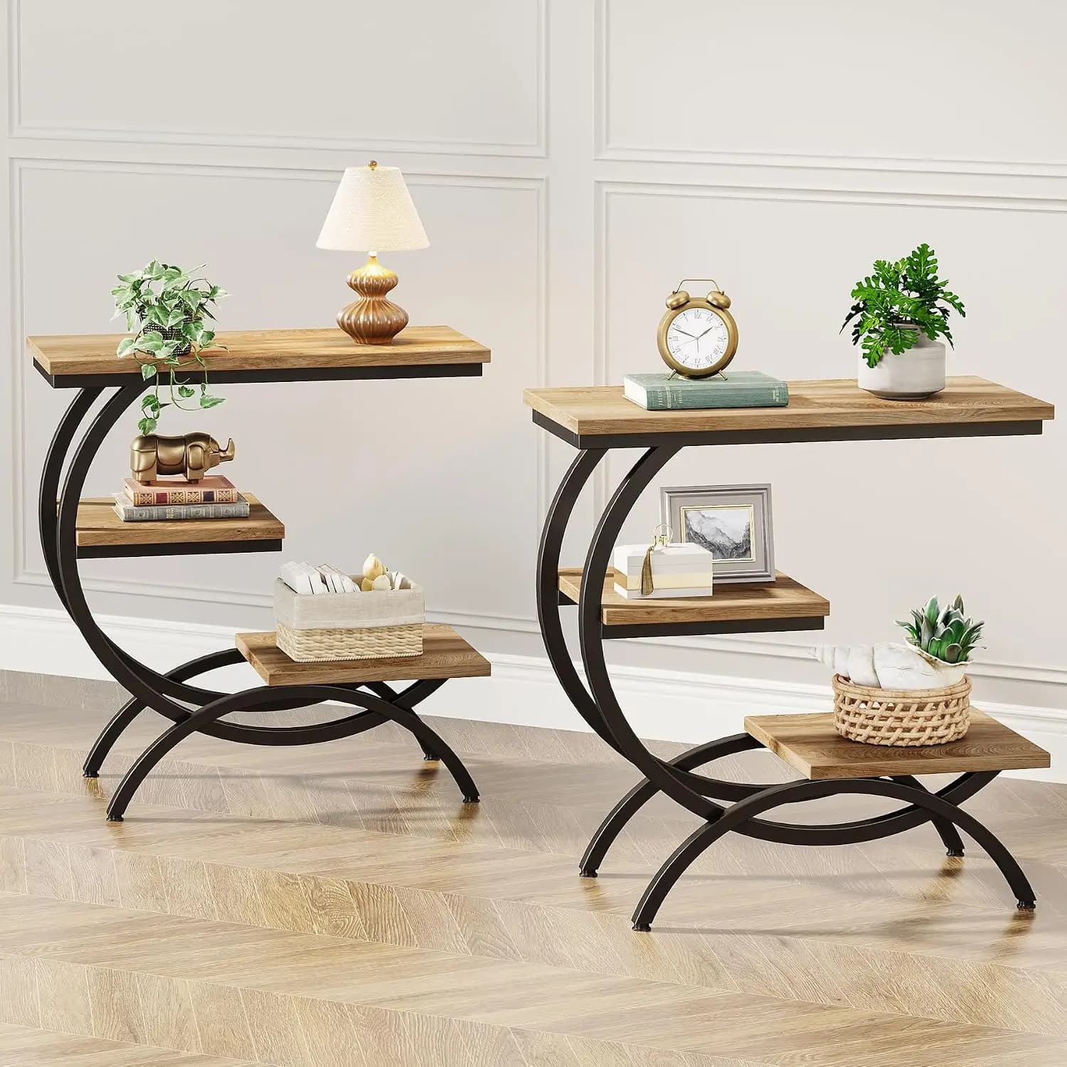 C Shaped End Table, Industrial Three Tier Side Table, Couch Side Storage Organizer, Wood Bedside Nightstand With Shelves, For Living Room Small Space, Light Brown, Two Piece Set