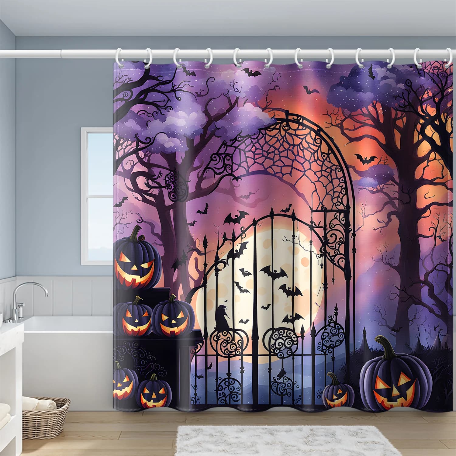 1pc viola Halloween forest bat pumpkin tenda da doccia con gancio in plastica, divisorio per bagno stampato con motivo a tenda di cartone animato