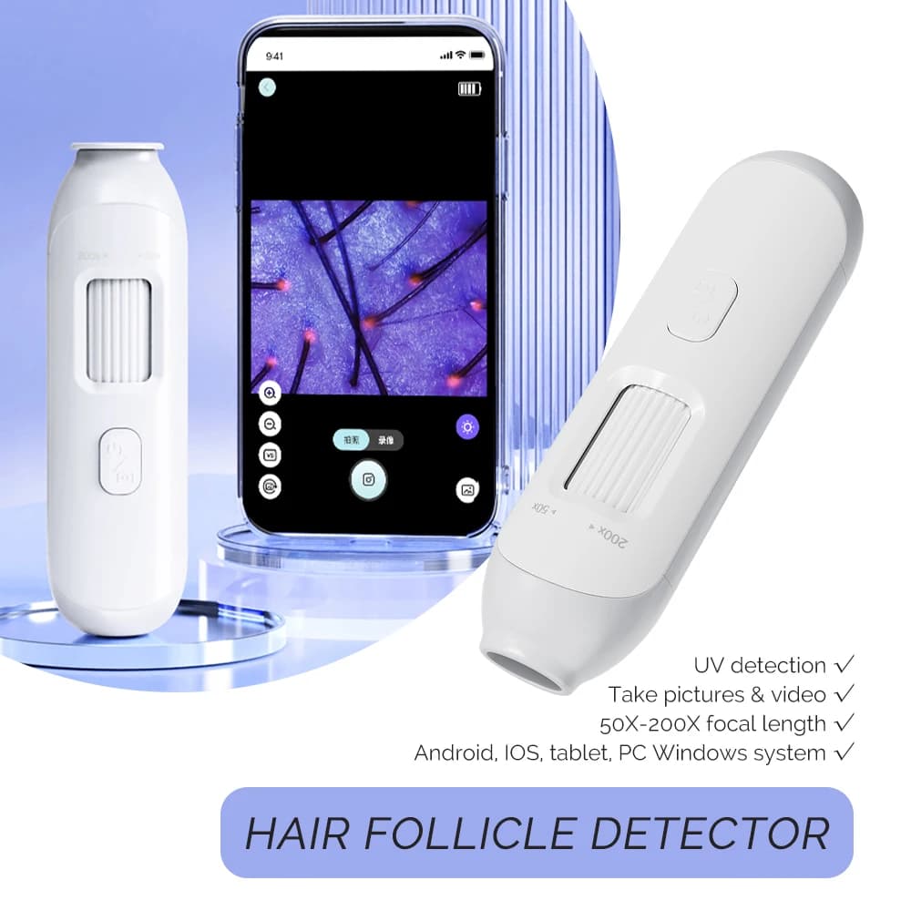 Nuovo 50X-200X Follicoli piliferi Rilevatore del cuoio capelluto Analizzatore della pelle Strumento per microscopio Tester della pelle ad alta definizione Supporto APP Uso wireless