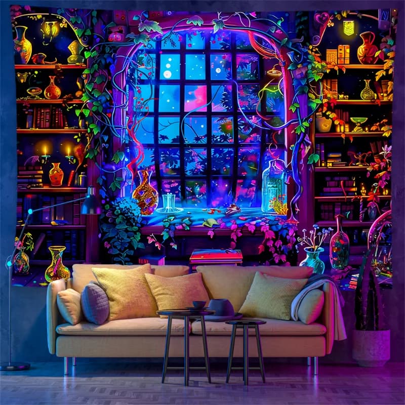 VIKAMA Psychedelic Witch Magic Library Tapestry Fluorescent UV Wall Hanging for E-sports Gaming Bedroom Home Decor