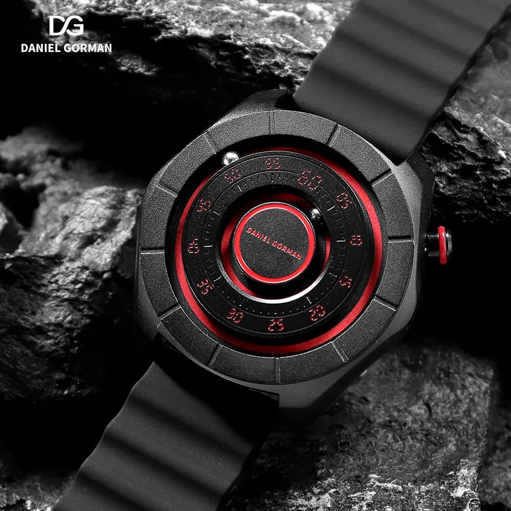 DANIEL GORMAN Orologio al Quarzo con Indicatori Magnetici per Uomo, Sportivo Militare Impermeabile Luminoso con Cinturino Rosso DG0788