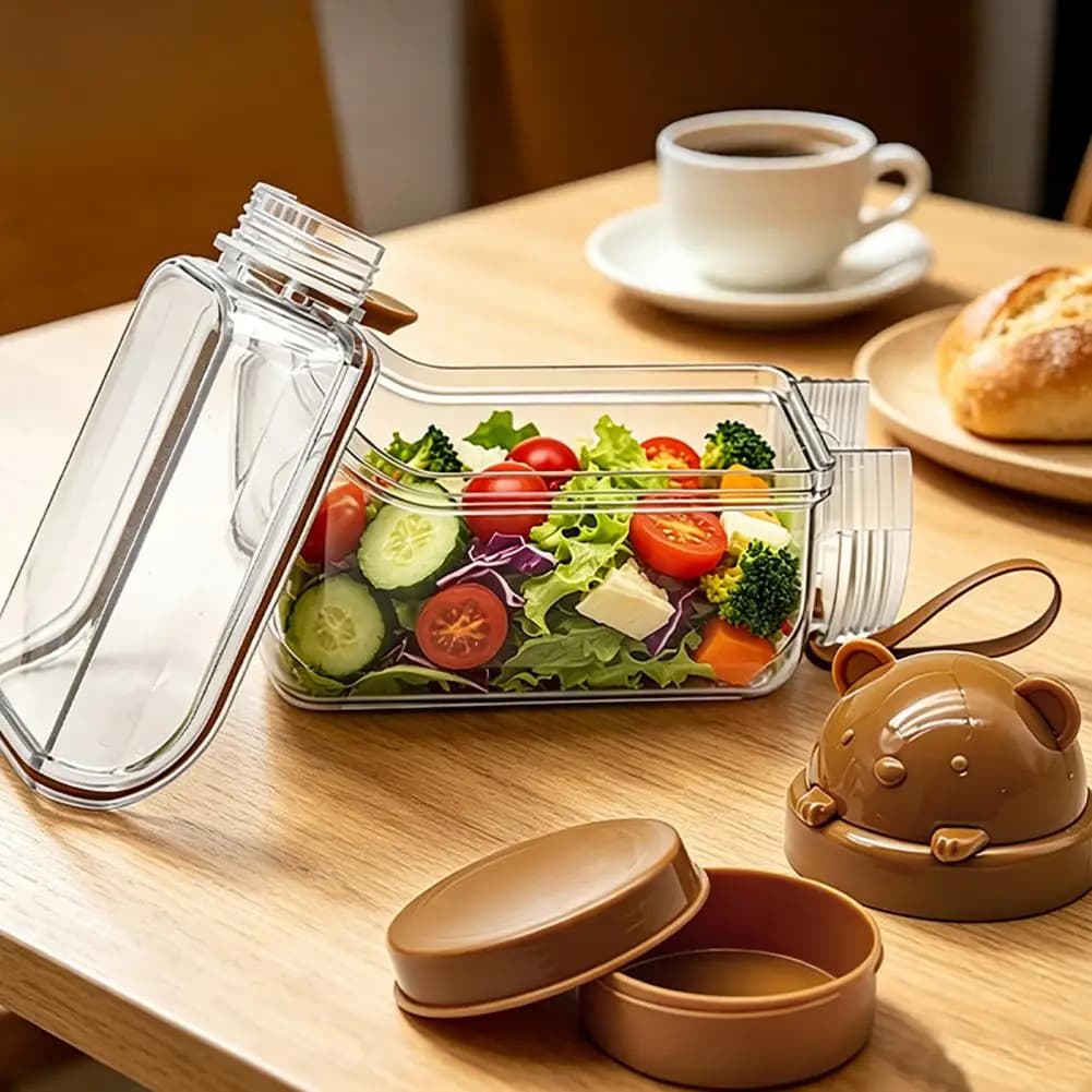 Contenitore per Preparazione Pasti a Forma di Orso, Barattolo per Insalata con Forchetta Integrata, Contenitore Portatile in Plastica per Overnight Oats e Frutta, Trasparente e a Prova di Perdite