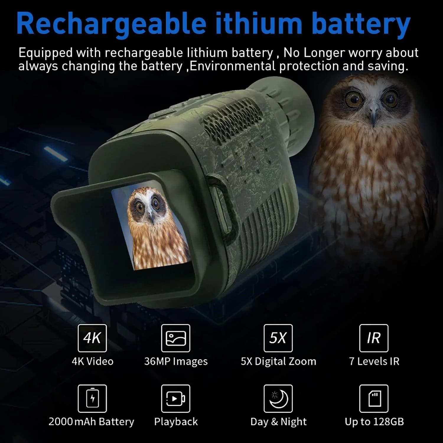 Dispositivo per Visione Notturna a Infrarossi 4K con Luce IR Regolabile a 7 Livelli, Visione a Lungo Raggio, Dotato di Scheda SD da 8GB per Campeggio