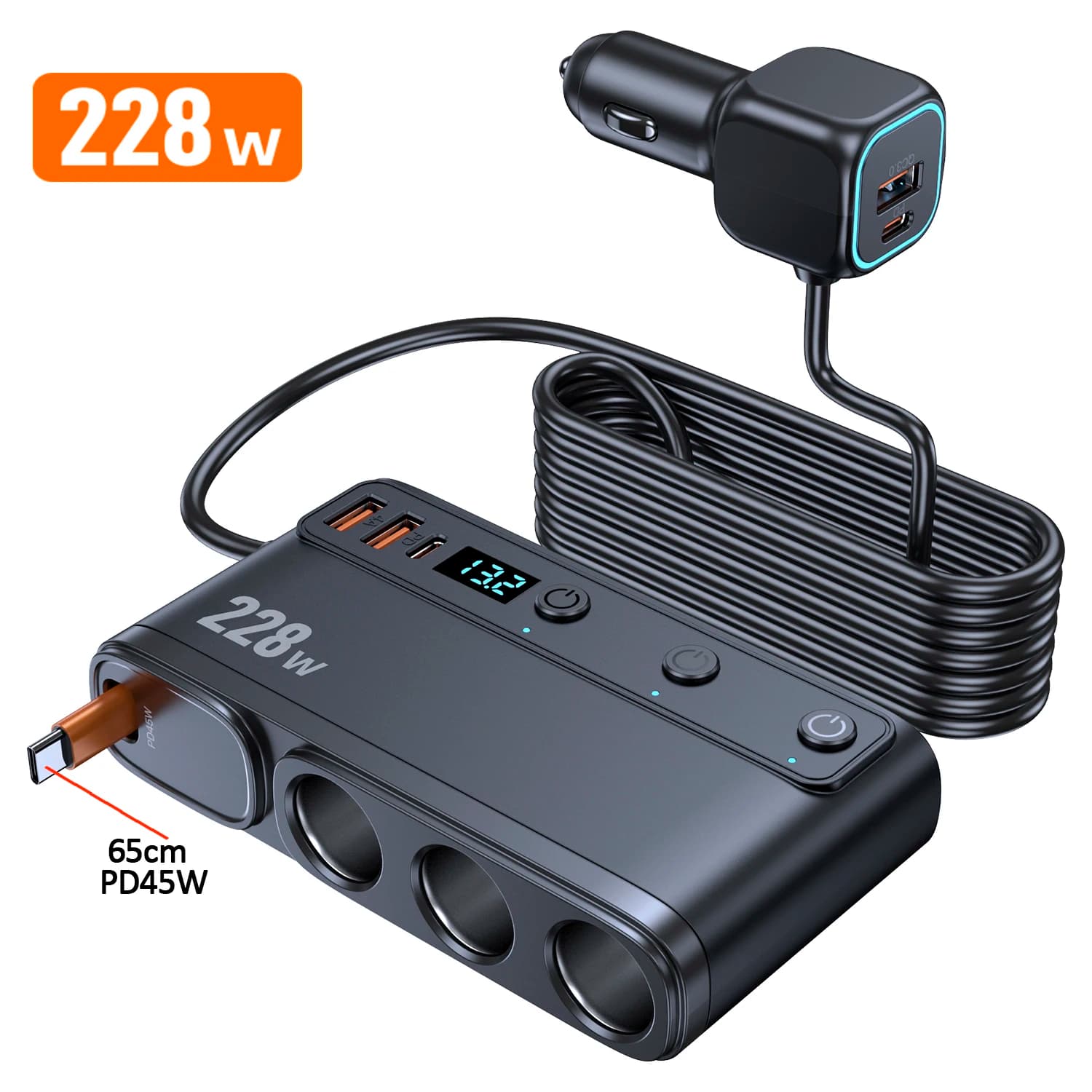 Adattatore per Accendisigari 9 in 1 con Caricatore USB Type-C PD QC3.0, Presa 12V/24V e Cavo Retrattile con Voltmetro