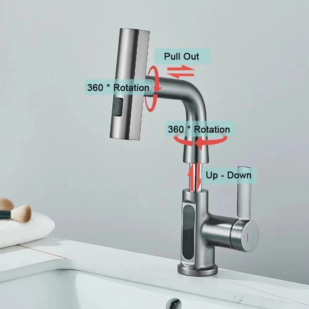 2025 Nuovo display digitale Cascata estraibile Rubinetto da cucina Miscelatore acqua calda e fredda Rubinetto per lavaggio bagno intelligente