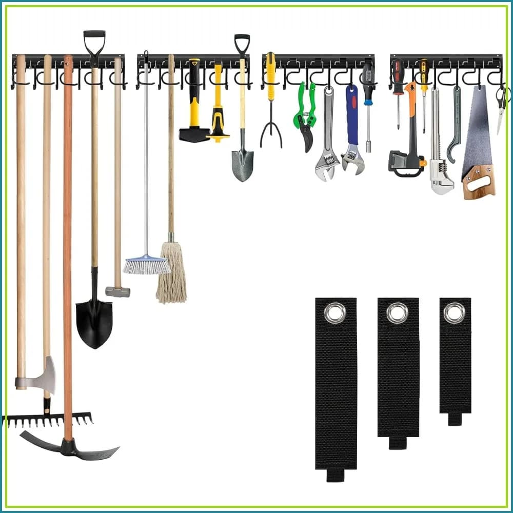 Metal Garage Tool Organizer Wall Mount, 4 Pack Garden Tool Organizer with Extension Cord Straps, Garage Hooks for Shed, Yard Storage, Wall Holder for Broom Mop