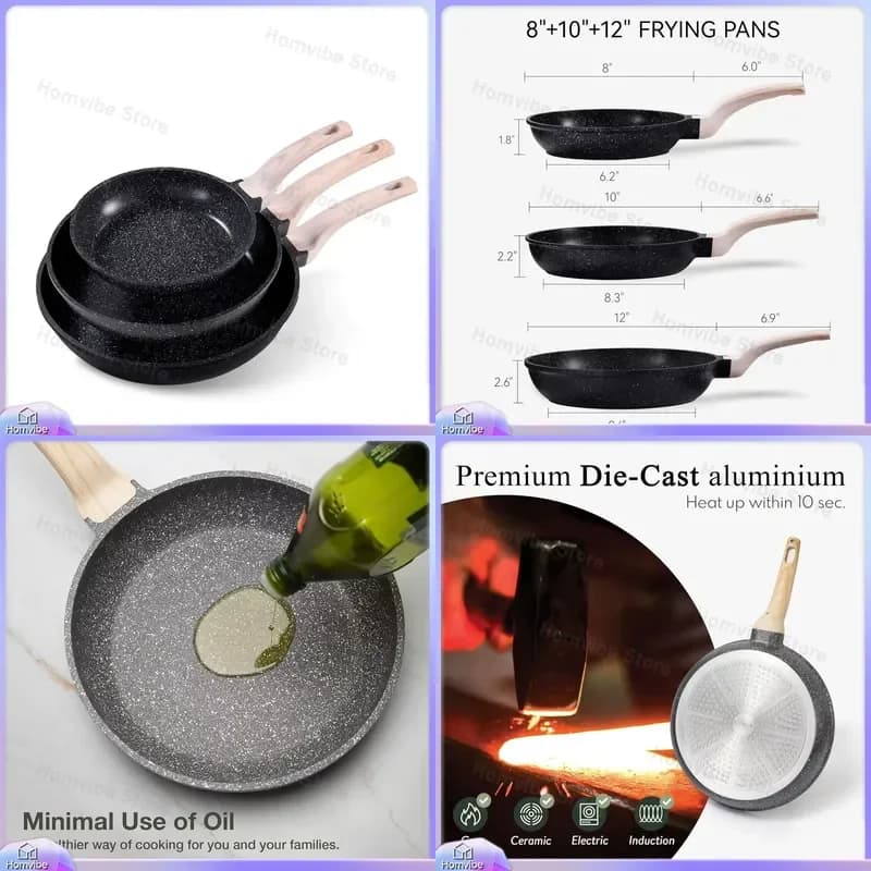 Non-Stick Frying Pan Set Cooker Aluminum Flat Bottom Pan with Forged Wooden Handle for Induction Gas Stove Kitchen