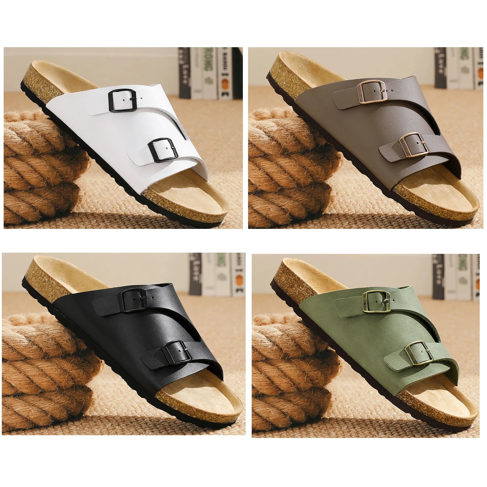 Classic Double Band Cork Footbed Sandals Ergonomic Artificial Leather Slides Non-Slip Rubber Sole Beach Casual Slippers Unisex